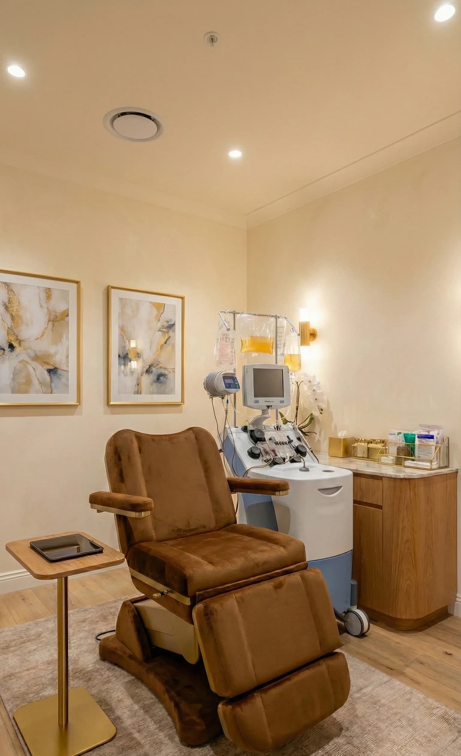 A private treatment room with a velvet reclining chair, monitored infusion equipment and two framed abstract artworks