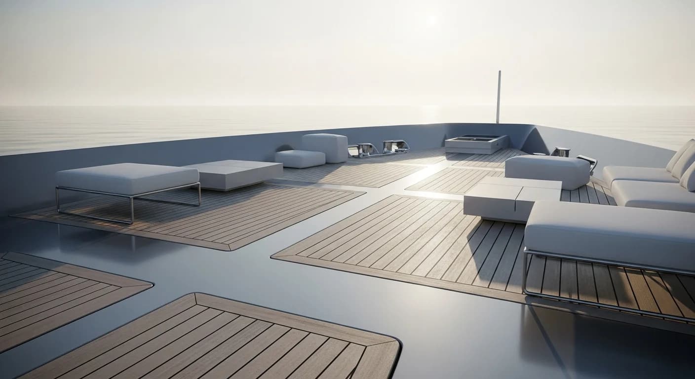 The foredeck of a modern yacht at first light, with pale teak decking, low seating and open calm sea beyond