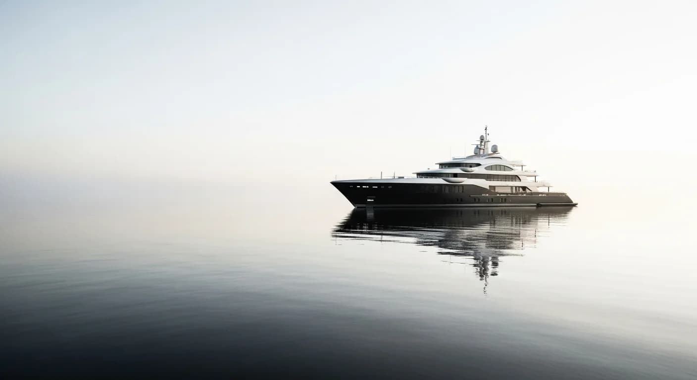 A modern superyacht at anchor on mirror-calm water at dawn