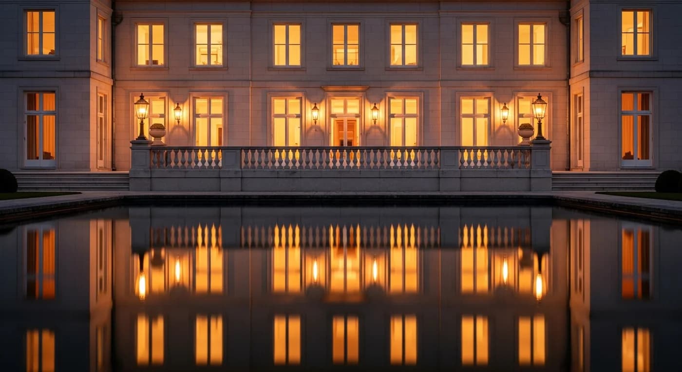 A limestone mansion at dusk with warm light in every tall window, its balustraded terrace mirrored in a still ornamental water terrace