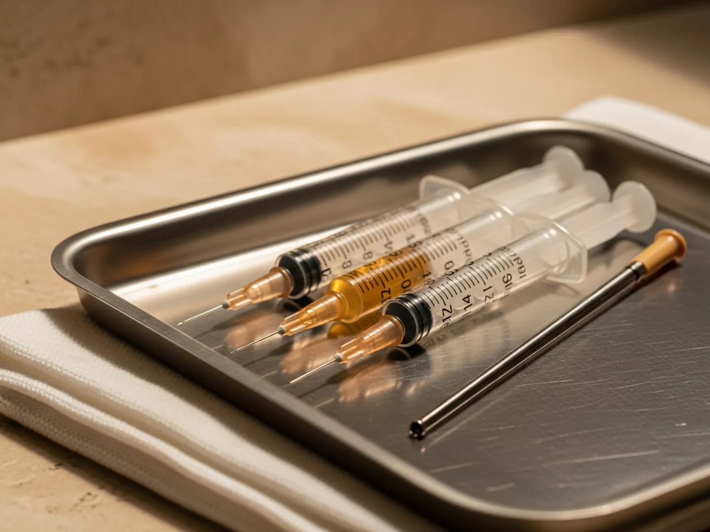 Pre-filled dermal filler syringes with fine needles and a blunt-tip micro-cannula laid out on a stainless steel instrument tray