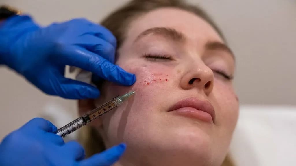 A gloved clinician giving fine micro-injections into a reclined patient's cheek during a collagen stimulation treatment